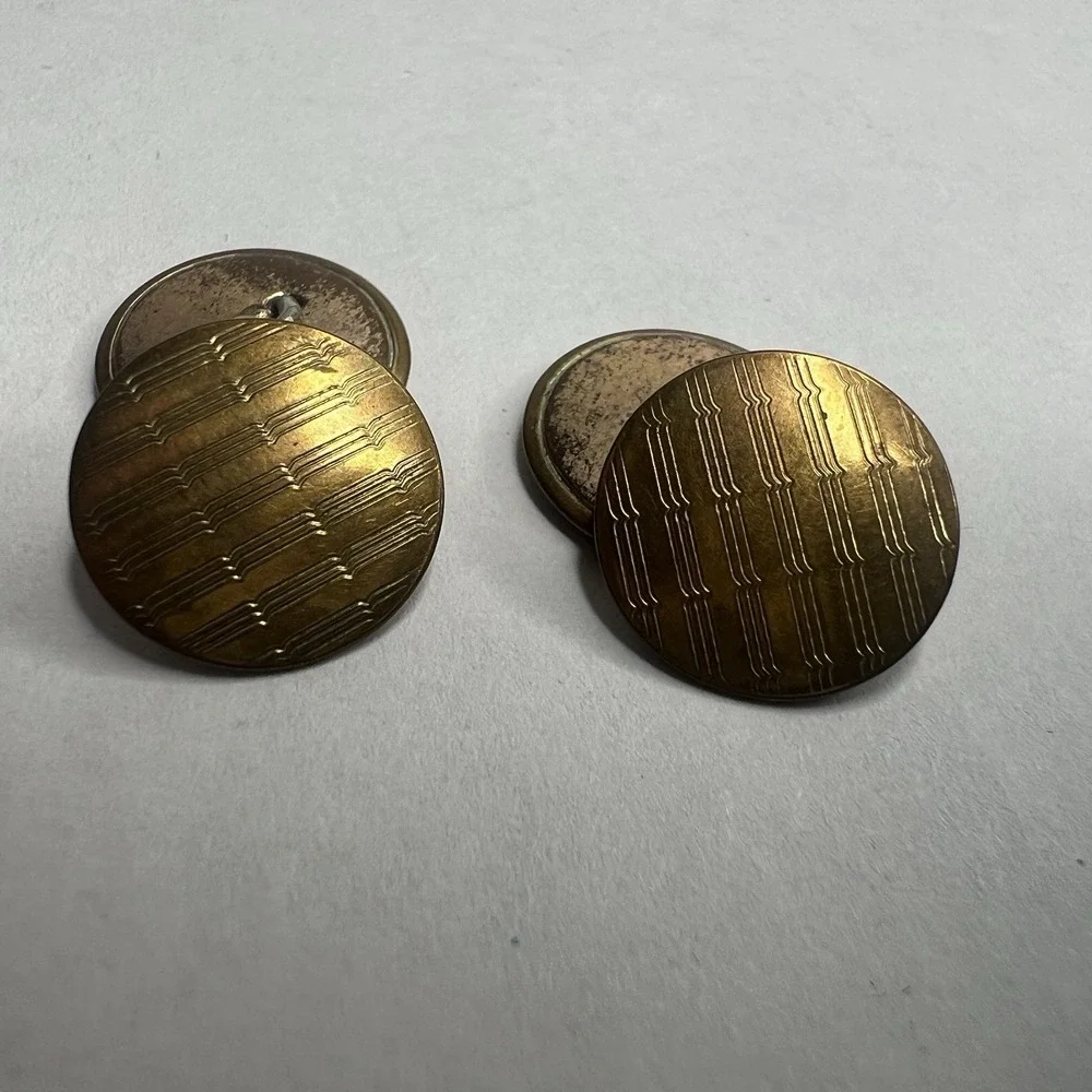 Simple Textured Round Cufflinks Gold Tone Double Sided Polished Finish Vintage